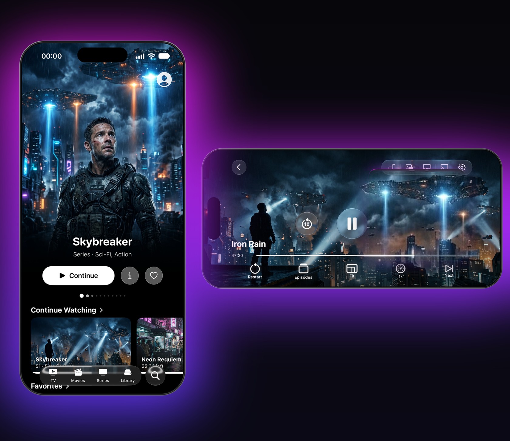 OnePlay Player on iPhone — Home screen and landscape video player