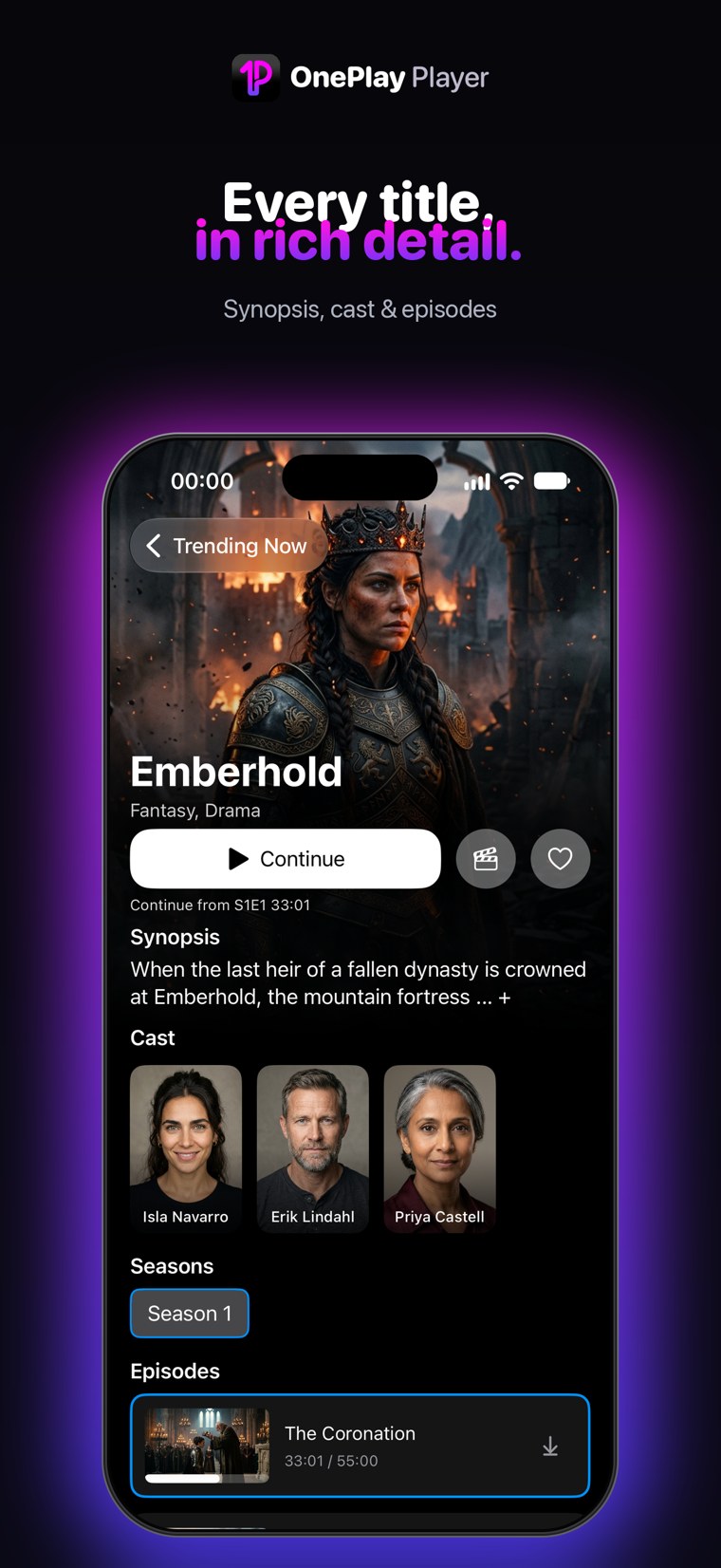 Title detail with synopsis, cast and episodes
