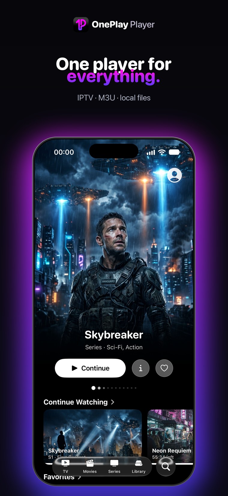 OnePlay Player home — one player for everything: IPTV, M3U and local files