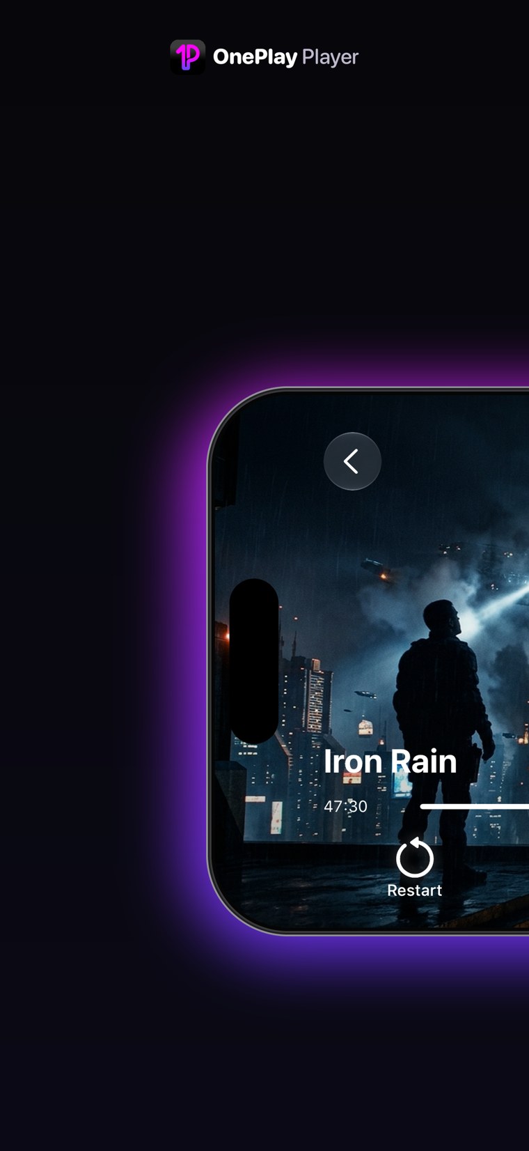 OnePlay landscape player — now playing with restart