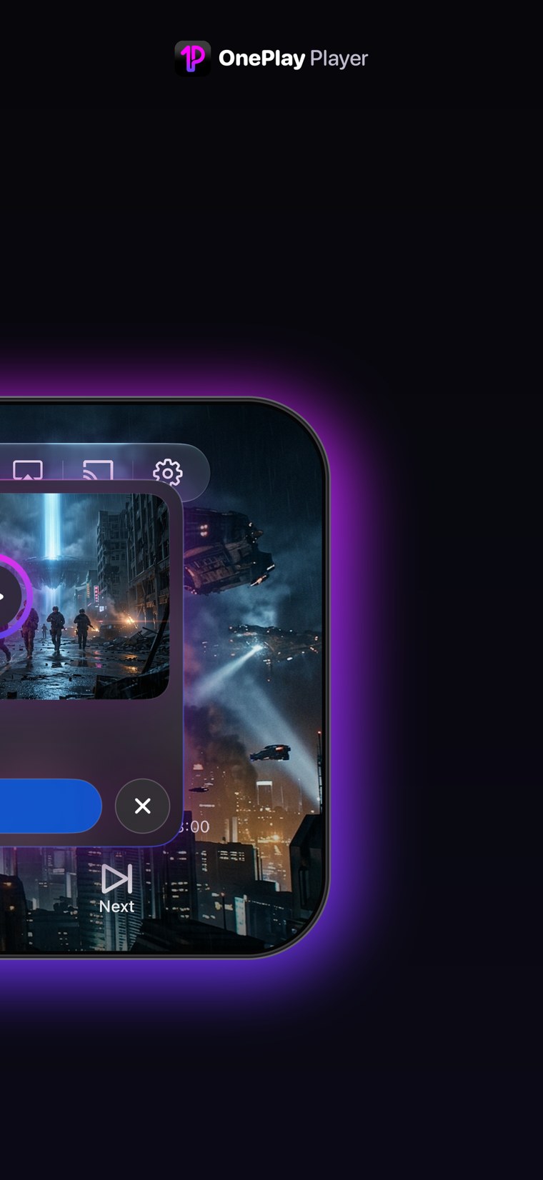 Player controls — settings, Chromecast, AirPlay and next